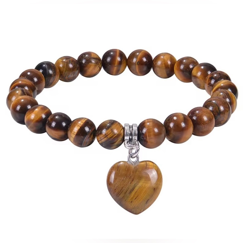 Tiger Eye Beaded Bracelet with Heart Charm
